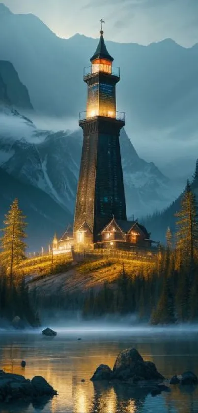 Lighthouse amidst misty mountains and pines.