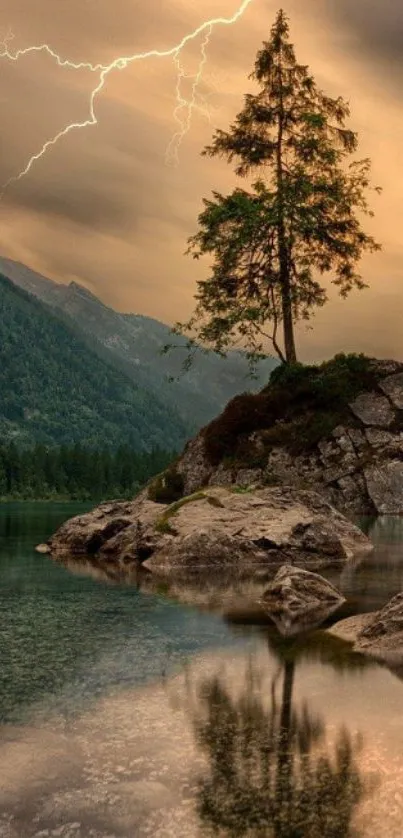 Lone tree on rocks with lightning in mountainous landscape.