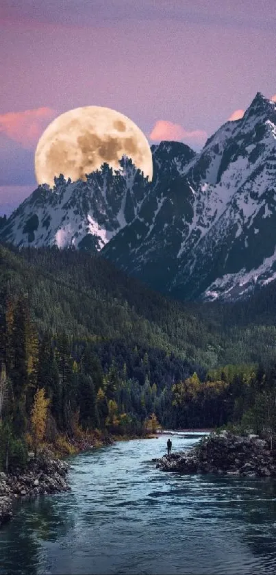 Moonlit mountain view with river and full moon.