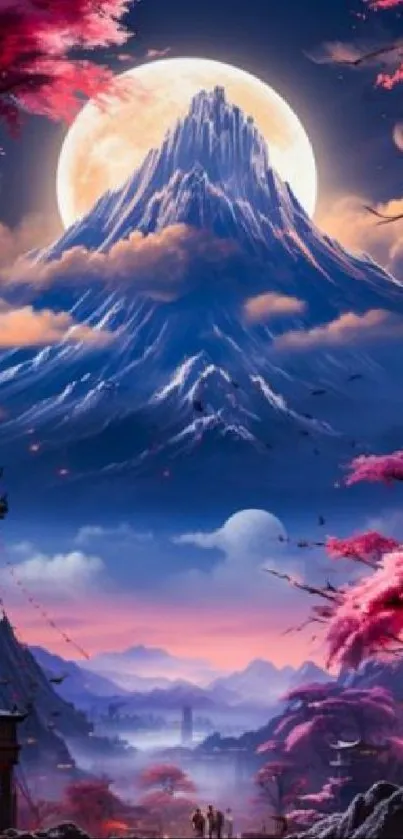 Majestic mountain under moonlight with cherry blossoms.