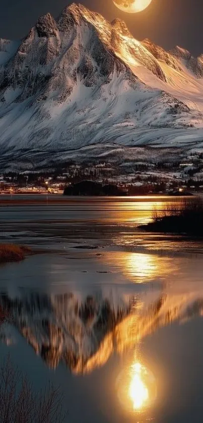 Snow-covered mountain with moonlit reflection in a tranquil lake at night.
