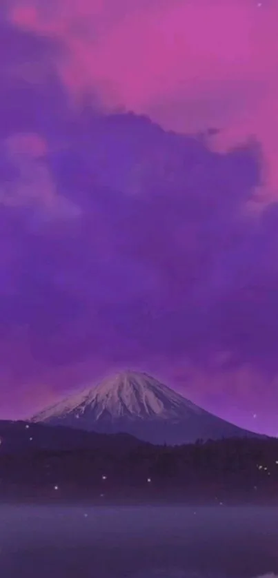 Majestic mountain under a purple night sky with vibrant hues.