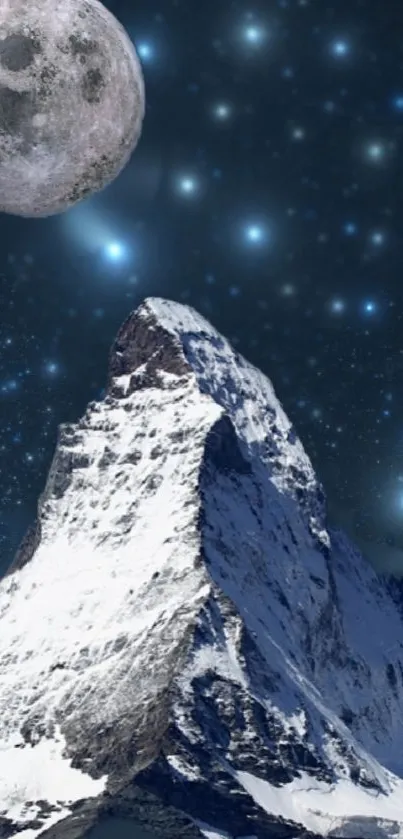 Moonlit snowy mountain under a starry sky wallpaper.