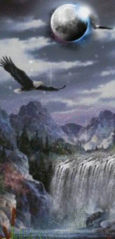 A mystical wallpaper with mountains, moon, eagle, and waterfall.