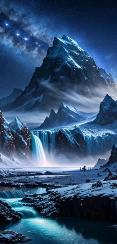 Majestic mountain at night with stars and waterfalls