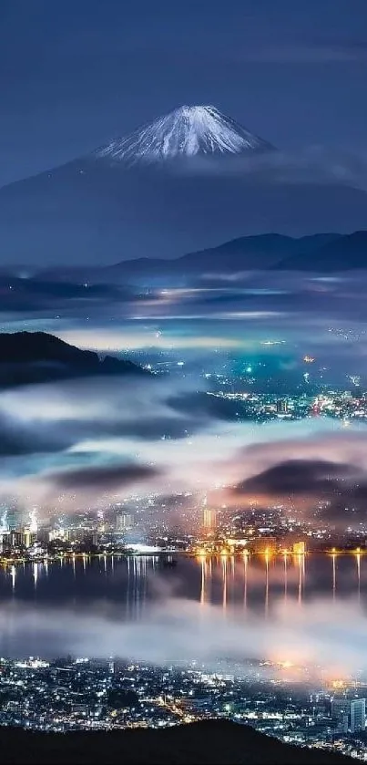 Night cityscape with a snow-capped mountain and misty lights.