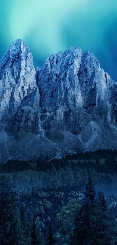 Mountain nightscape with aurora-like sky and forest.