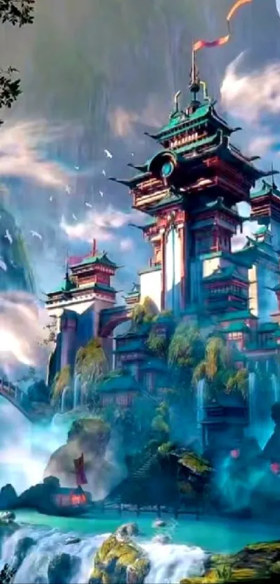 Mystical mountain palace with waterfalls in vibrant fantasy setting.