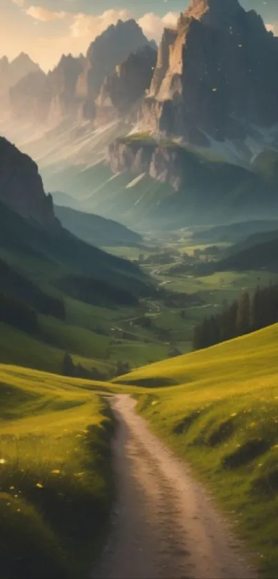 Path leading through lush green hills with majestic mountains in the background.