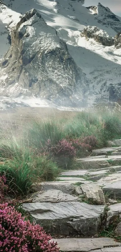 Scenic mountain path with snow peaks and wildflowers.