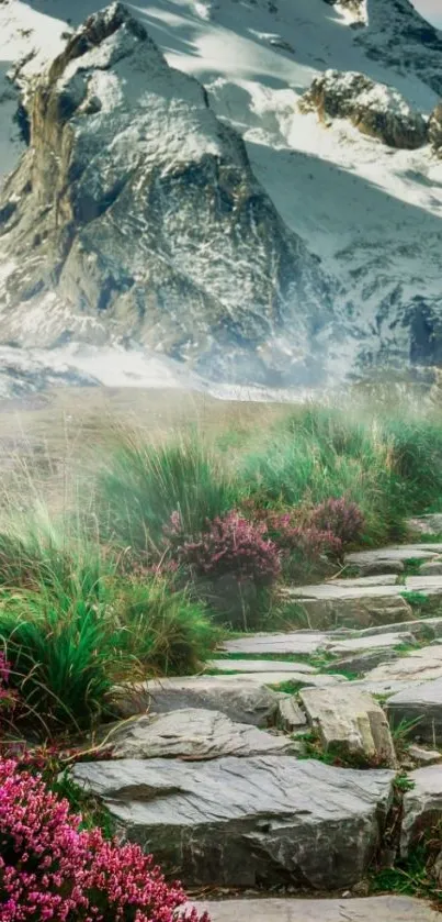 Tranquil mountain path with wildflowers and snowy peaks.