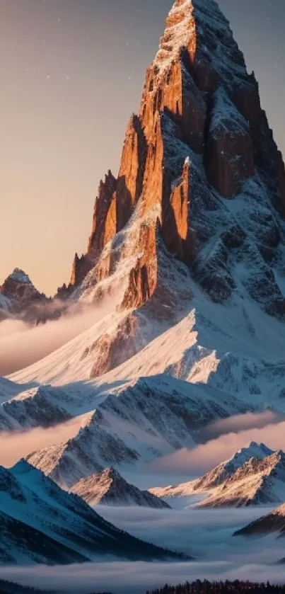 Scenic view of a towering mountain peak with snow and sunset hues on a mobile wallpaper.
