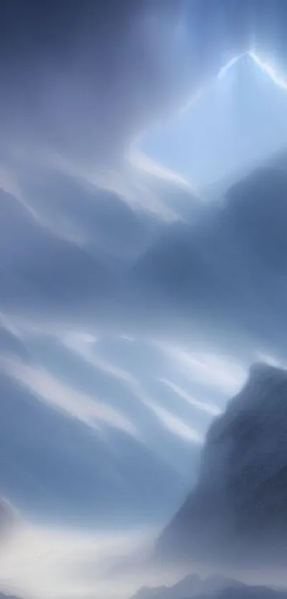 Dreamlike blue mountain peak wallpaper with serene flowing light.