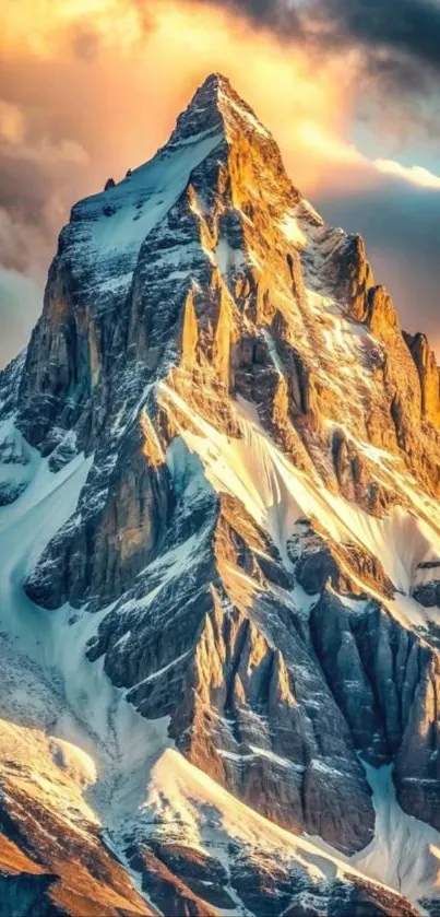 Majestic mountain peak under fiery sunset sky.