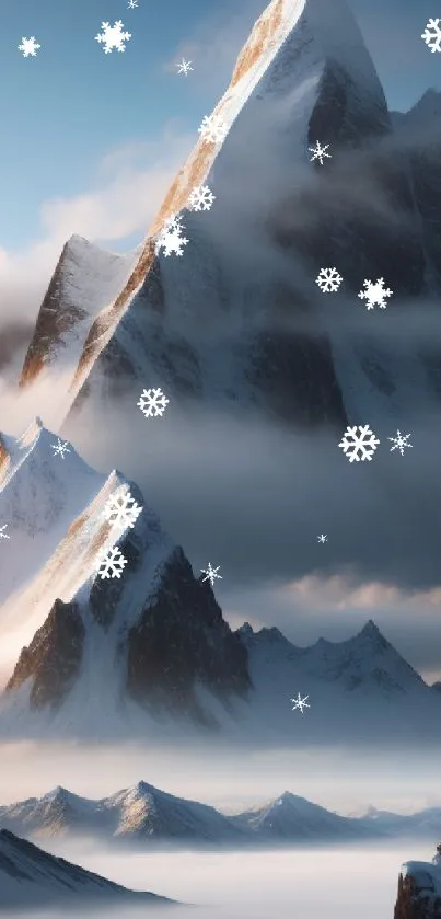 Foggy mountain peaks with climbers at dawn landscape wallpaper.