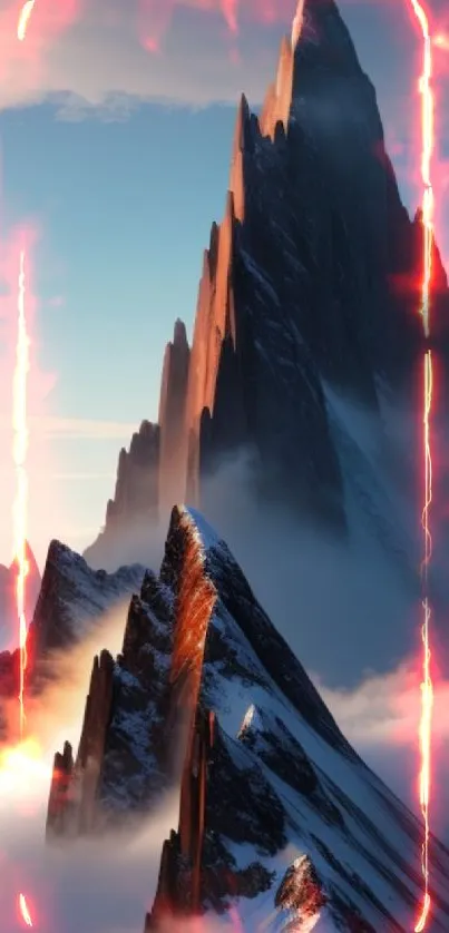 Majestic mountain peaks with mist and clouds in a serene blue-gray sky backdrop.