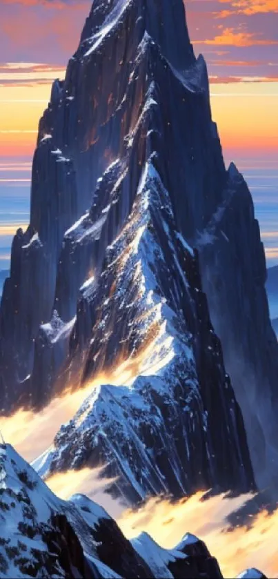 Majestic mountain peak rising under vibrant sunset sky, perfect for mobile screen.