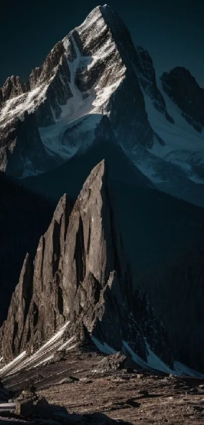 Majestic mountain peaks under a deep blue sky.