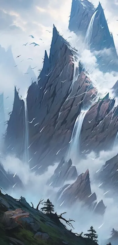 Stunning digital art of majestic mountains with misty waterfalls.
