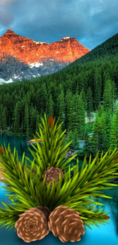 Mountain lake with green pines and sunlit peaks in the background.