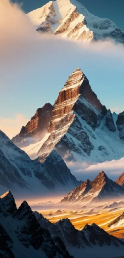 Majestic mountain range with snowy peaks under serene blue skies.