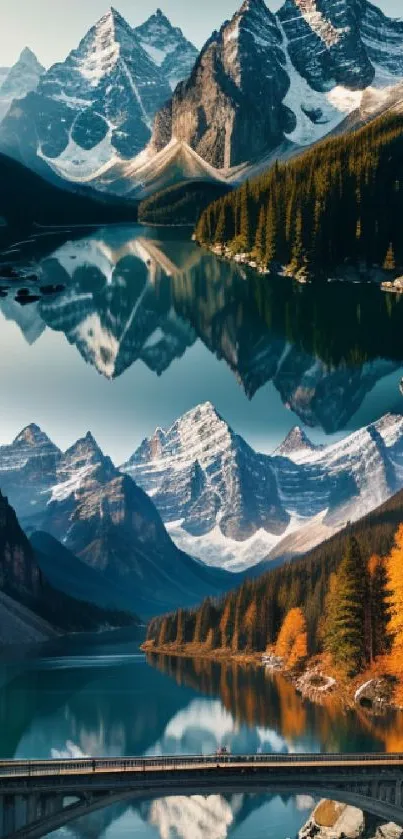 Reflection of mountains on a serene lake with a scenic bridge.