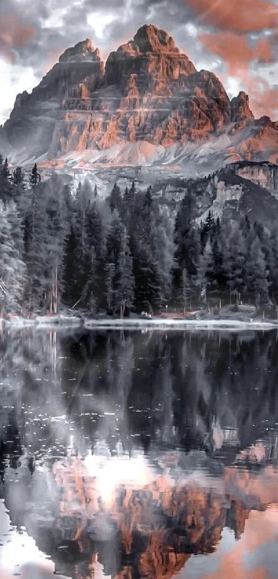 Majestic mountain reflecting in serene lake at dawn.