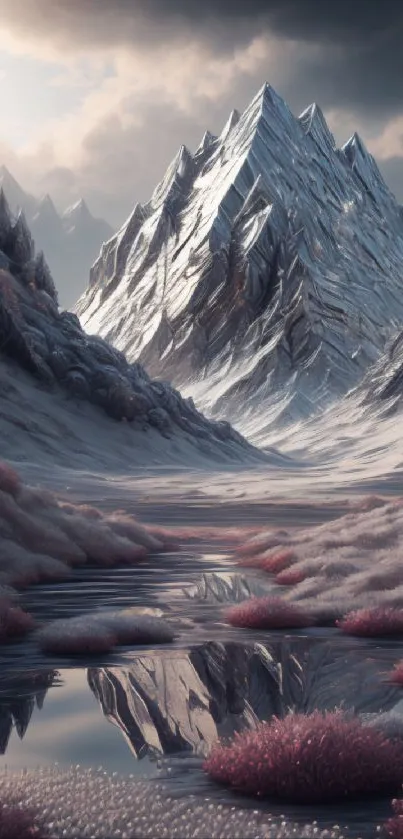 Snow-capped mountains with pink flora and reflection.