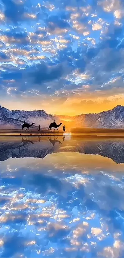 Beautiful mountain reflection during a colorful sunset with cloudy skies.