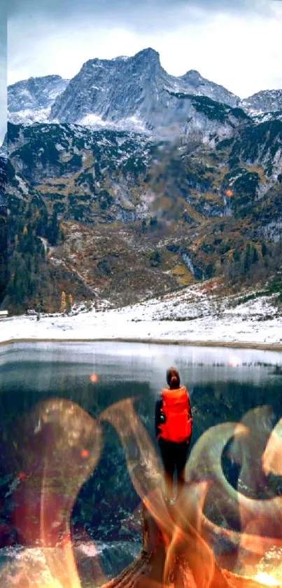 A figure in red stands before a tranquil mountain lake reflecting rugged peaks.