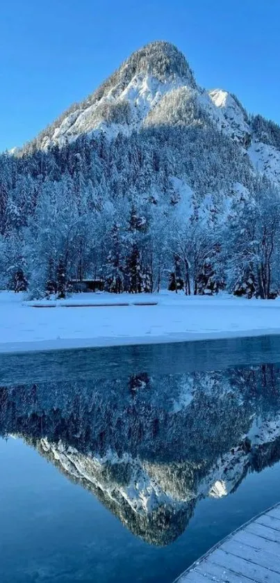 Majestic snowy mountain reflected in tranquil waters under a clear blue sky.