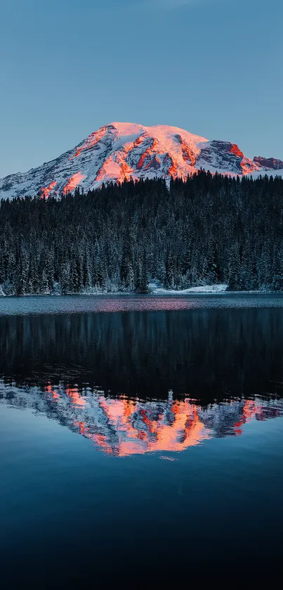 Mountain reflected in a calm lake at sunset.