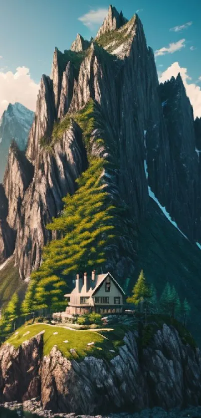 Mountain retreat with house, lush greenery, and towering peaks.