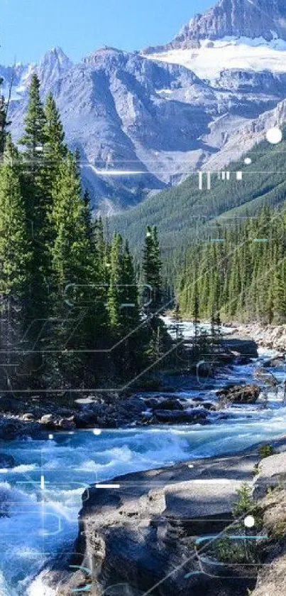 Stunning mountain river with lush greenery and peaks.