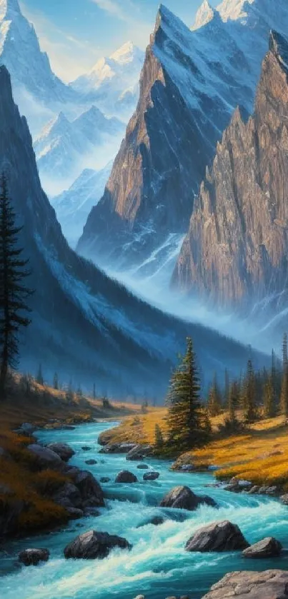 Majestic mountains with a river stream amid serene nature.