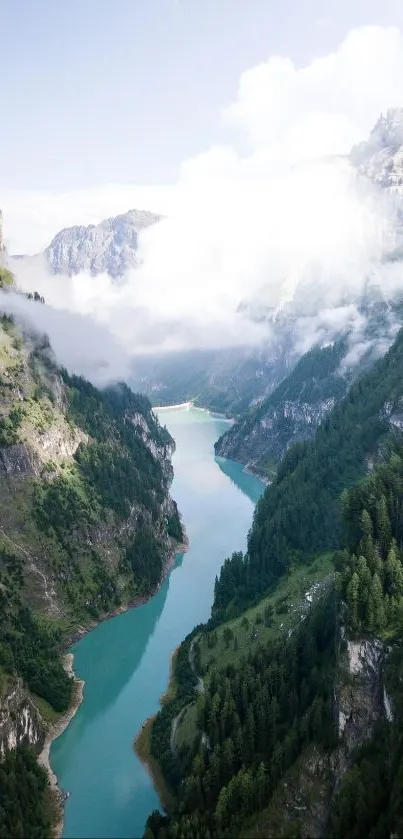 Turquoise river flowing through green mountains under a cloudy sky.