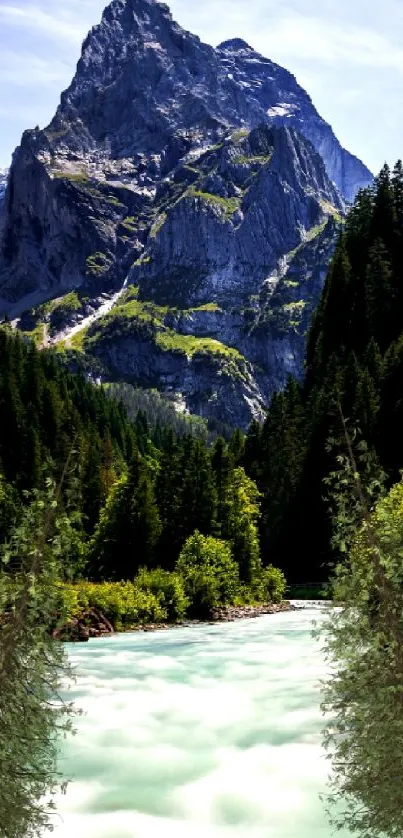 Majestic mountain view with flowing river, lush green forest.