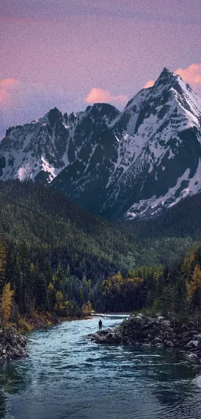 Majestic snow-capped mountain with river at dusk in serene nature scene.