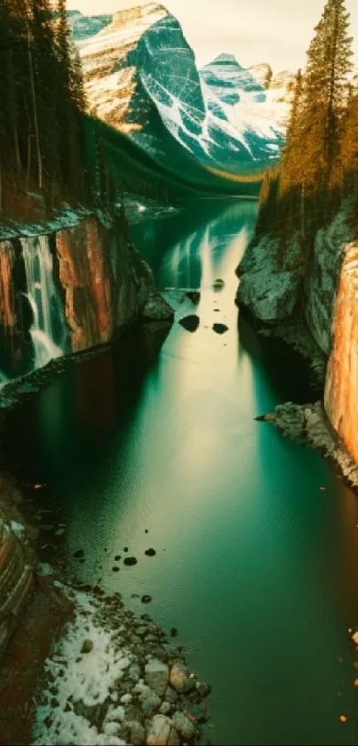 Mountain river flowing through forested cliffs with a waterfall.