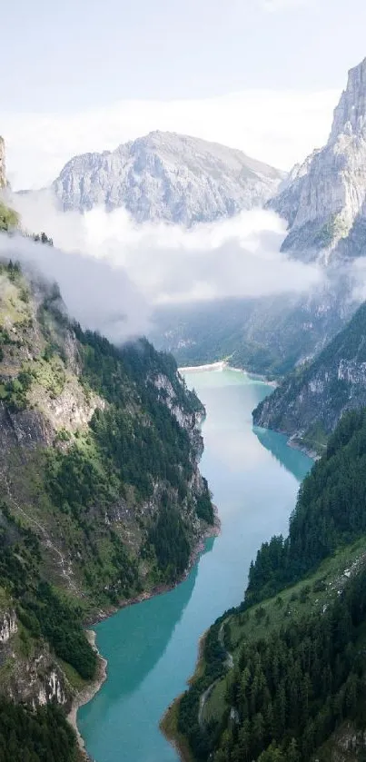 Tranquil river flows between lush mountains under cloudy sky, nature wallpaper.