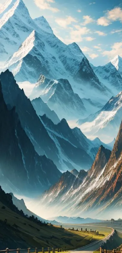 Majestic mountain road with snowy peaks and lush landscape.