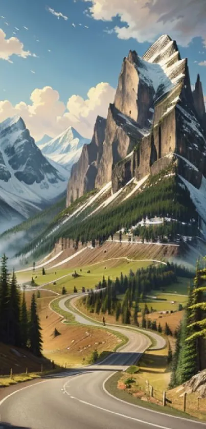 Scenic road through majestic mountains and lush forest.