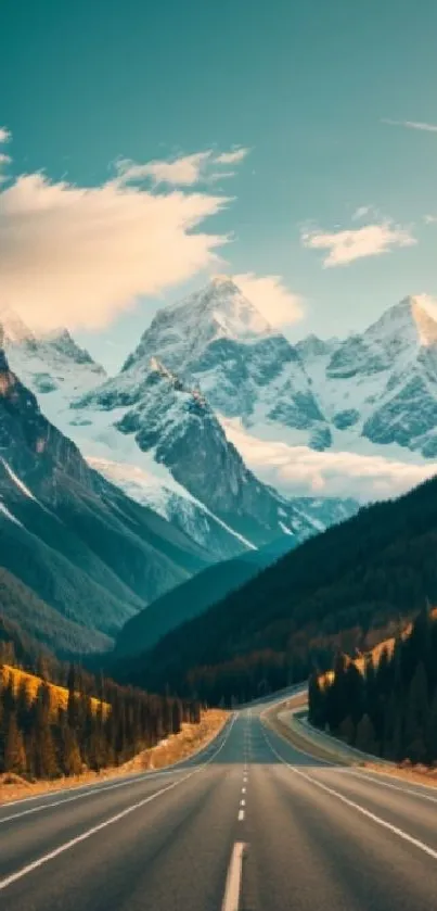 Majestic road leading to towering mountains under a vibrant sky.