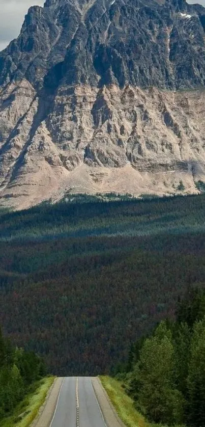 Majestic mountain view with road and forest under a cloudy sky.