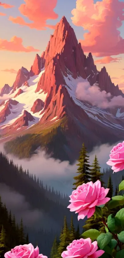 Scenic mountain wallpaper with vibrant pink roses and lush greenery.