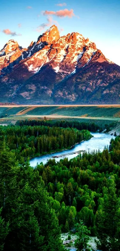 Majestic mountains with river and forest.