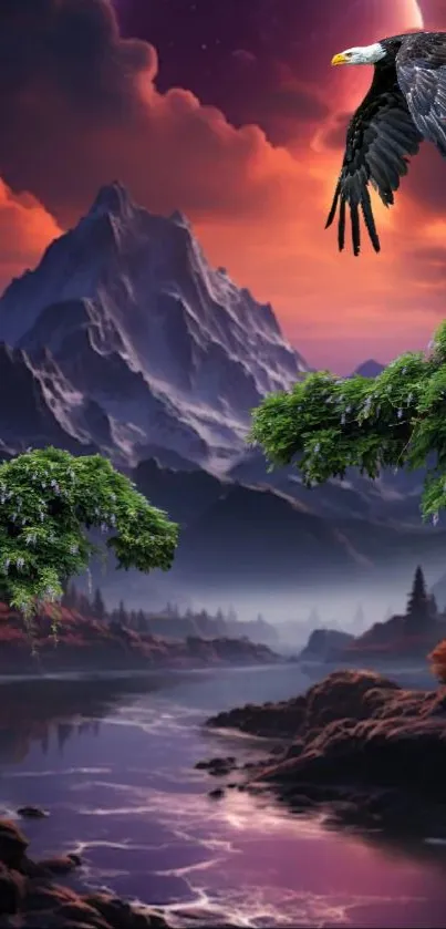 Majestic mountain landscape with eagle and sunset sky.