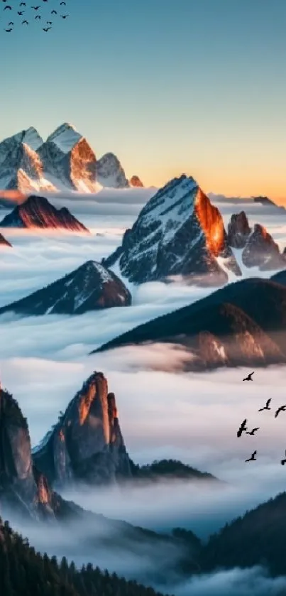 Snow-capped mountain peaks with mist and birds at sunset.