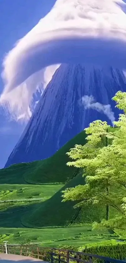 Majestic mountain with clouds and greenery.