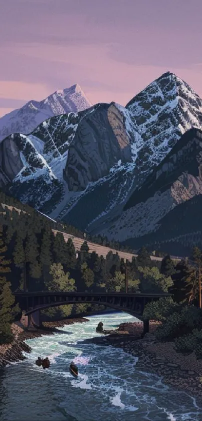 Scenic mountain landscape with river and bridge at sunset.